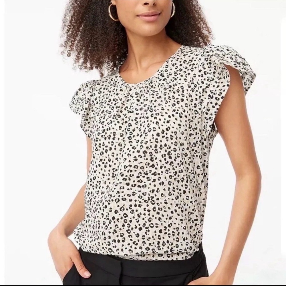 J.Crew Top Women’s XS Pintuck Flutter Sleeve Cheetah Print Ivory Black BK417 NWT